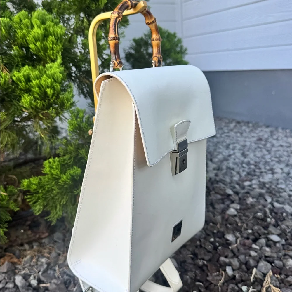 Dooney & Bourke (Made in Italy) Vintage White Leather Bamboo Handle Backpack